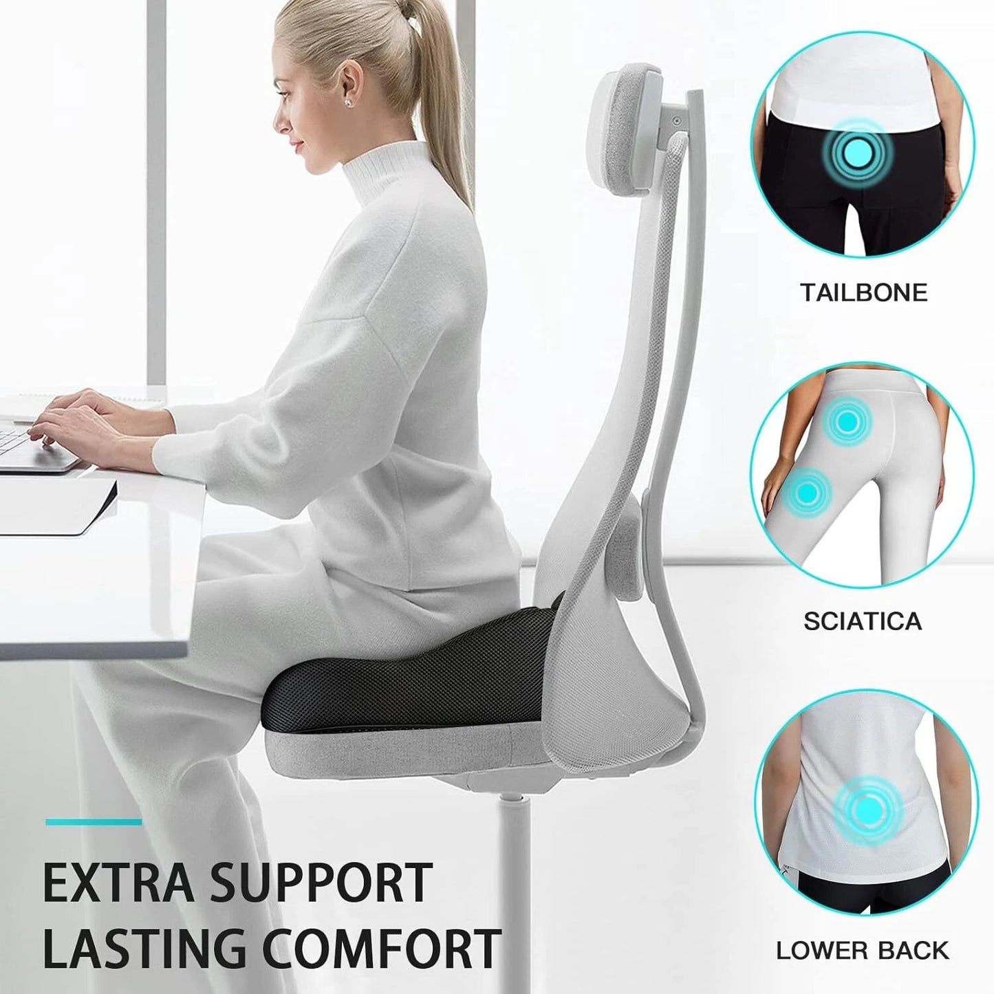 Memory Foam Seat Cushion for Back & Sciatica Pain Relief – Office & Car Use